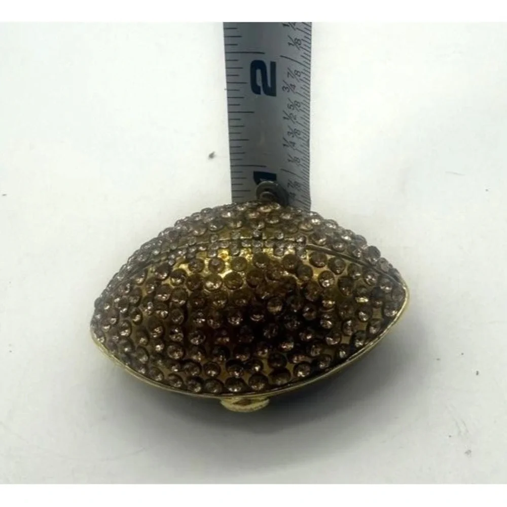 Football Rhinestone Hinged‎ Trinket Pill Box Gold Tone Crystal Enamel Interior